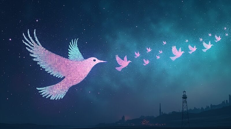 Kursor zmieniający się w stado pikselowych ptaków na tle cyfrowego nieba i monolithów korporacyjnych.