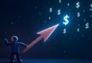 Minimalistyczna grafika: Kursor-łucznik strzela świetlistą strzałą (AI) w konstelację dolarów na tle rozgwieżdżonego nieba.
