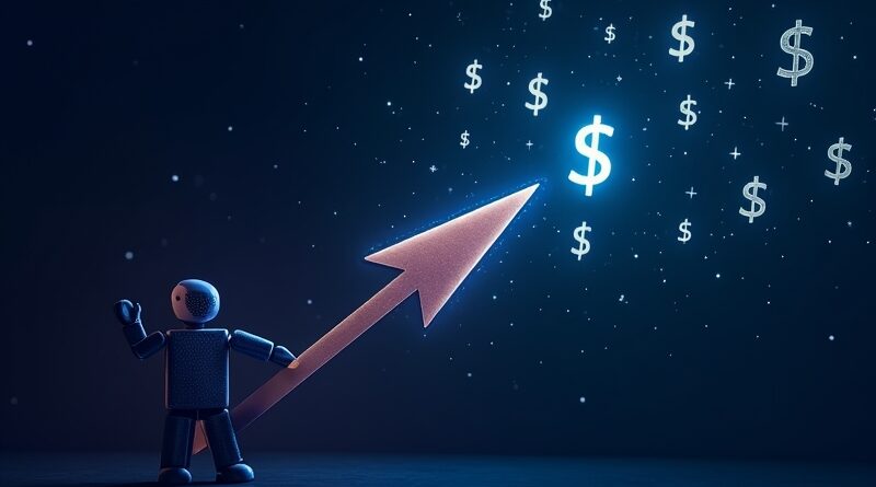 Minimalistyczna grafika: Kursor-łucznik strzela świetlistą strzałą (AI) w konstelację dolarów na tle rozgwieżdżonego nieba.