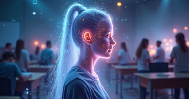 Cyfrowy awatar wyłaniający się z mgławicy kodu, w tle stylizowana klasa. Symbolizuje personalizację nauki przez AI.