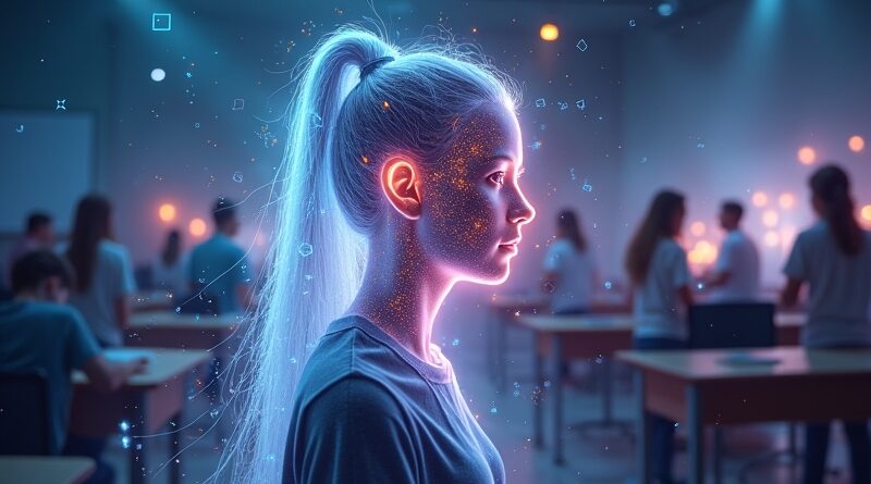 Cyfrowy awatar wyłaniający się z mgławicy kodu, w tle stylizowana klasa. Symbolizuje personalizację nauki przez AI.