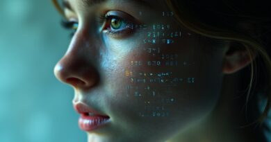 Uczeń w cyfrowej rozsypce, twarz przesłonięta kodem binarnym, symbol cyberprzemocy i bezradności wobec AI.