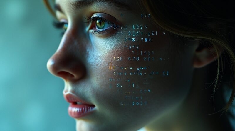 Uczeń w cyfrowej rozsypce, twarz przesłonięta kodem binarnym, symbol cyberprzemocy i bezradności wobec AI.