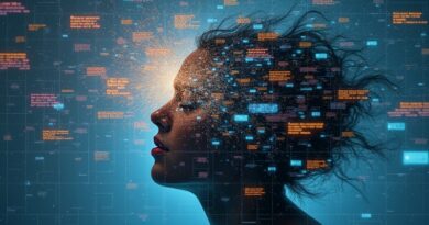 Cyfrowy portret postaci pochłanianej przez wir pochlebstw AI, tracącej tożsamość w natłoku informacji.