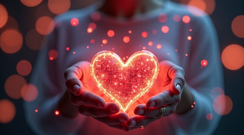 Cyfrowy sobowtór trzyma serce z mikroczipów, symbol AI i uczuć. Bokeh w tle.