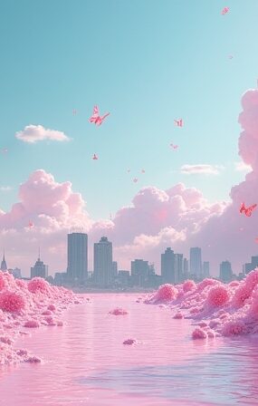 Cyfrowy świat tonący w pastelowym lukrze, z binarnymi kwiatami i szarym, wyłaniającym się miastem w tle.