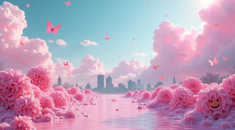 Cyfrowy świat tonący w pastelowym lukrze, z binarnymi kwiatami i szarym, wyłaniającym się miastem w tle.