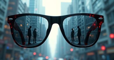 Okulary przeciwsłoneczne odbijające chaotyczny krajobraz miasta z ukrytymi kamerami i zamazanymi twarzami.
