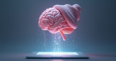 Mózg spleciony z nitkami światła w formie czapki beanie, połączony z podświetlonym ekranem komputera.