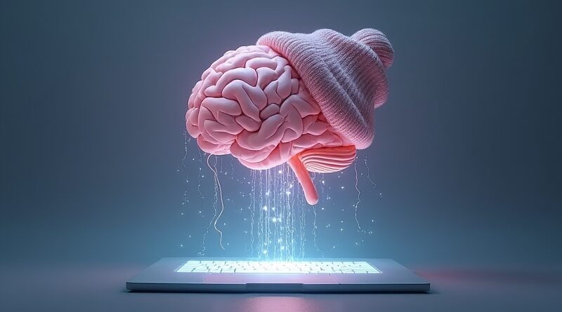 Mózg spleciony z nitkami światła w formie czapki beanie, połączony z podświetlonym ekranem komputera.