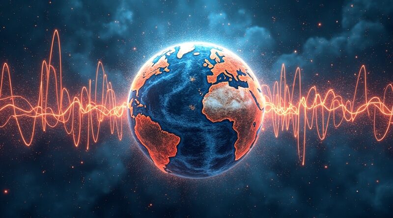 Globalna sieć głosów i fal dźwiękowych symbolizuje tłumaczenie mowy DeepL w czasie rzeczywistym, eliminujące bariery językowe.