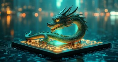 Świecący smok z obwodów zwinięty wokół mikroprocesora Huawei na tle futurystycznego Shanghaiu.