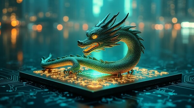 Świecący smok z obwodów zwinięty wokół mikroprocesora Huawei na tle futurystycznego Shanghaiu.