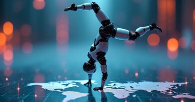 Futurystyczny robot w stójce na mapie świata. Symbol globalnej dostępności technologii humanoidów Unitree R1.