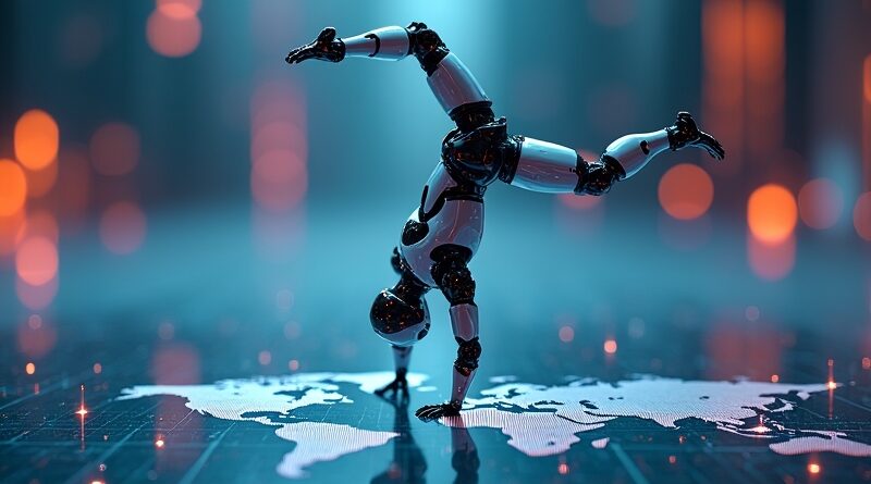 Futurystyczny robot w stójce na mapie świata. Symbol globalnej dostępności technologii humanoidów Unitree R1.