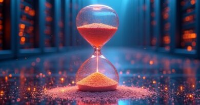 Klepsydra wypełniona kodem, symbolizująca kurczące się limity Claude Code na tle serwerowni.