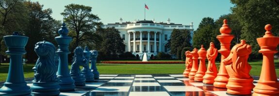 Surrealistyczna szachownica: Biały Dom kontra Pentagon, pionki to AI i systemy uzbrojenia.