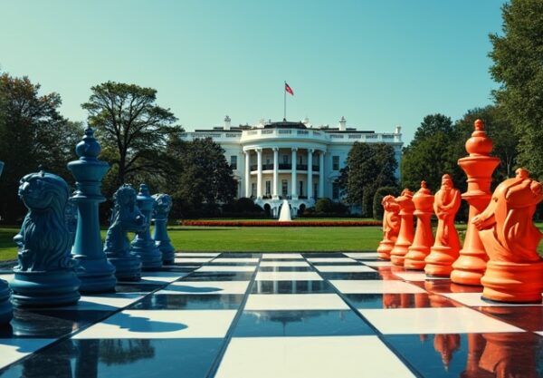 Surrealistyczna szachownica: Biały Dom kontra Pentagon, pionki to AI i systemy uzbrojenia.