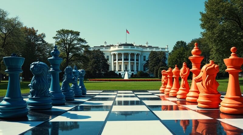 Surrealistyczna szachownica: Biały Dom kontra Pentagon, pionki to AI i systemy uzbrojenia.