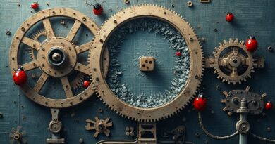 Surrealistyczna wizja efektu domina w AI: biedronki, kości i tekst prowadzą do rozbitego ekranu danych.