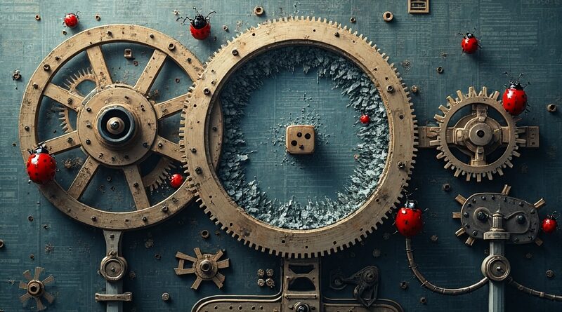 Surrealistyczna wizja efektu domina w AI: biedronki, kości i tekst prowadzą do rozbitego ekranu danych.