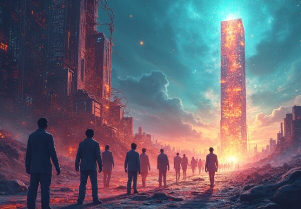 Eteryczne sylwetki opuszczają walący się wieżowiec OpenAI, ku świetlanej, naukowej przyszłości.