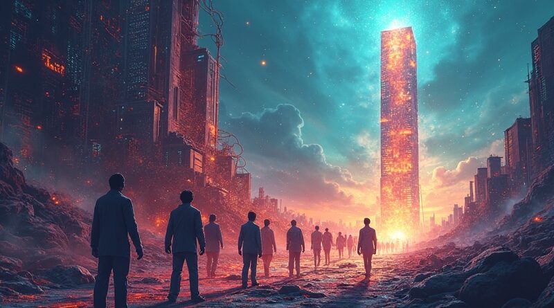 Eteryczne sylwetki opuszczają walący się wieżowiec OpenAI, ku świetlanej, naukowej przyszłości.