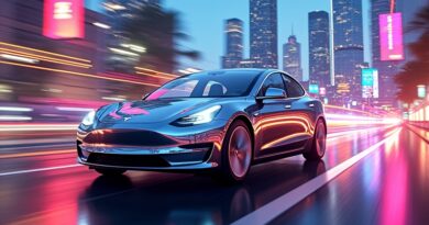 Futurystyczny Robotaxi Tesli w chromie przemierza abstrakcyjny krajobraz Dallas/Houston, symbol ekspansji autonomicznej mobilności.