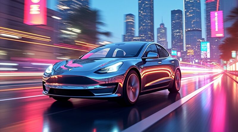 Futurystyczny Robotaxi Tesli w chromie przemierza abstrakcyjny krajobraz Dallas/Houston, symbol ekspansji autonomicznej mobilności.