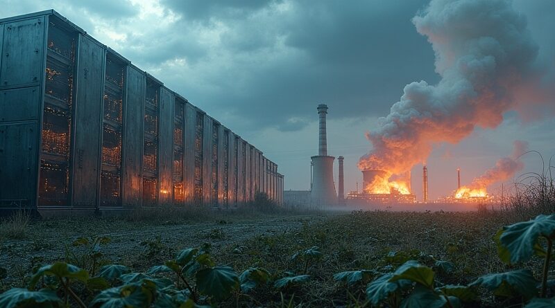 Ogromna serwerownia zasilana gazem, symbol energetycznego paradoksu Meta i kosztów obliczeń.