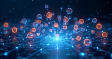 Eteryczna sieć połączonych modułów nad minimalistycznym pulpitem programisty. Hologramy kodu i wizualizacje zadań.