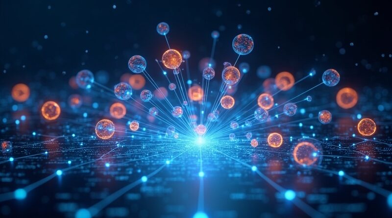 Eteryczna sieć połączonych modułów nad minimalistycznym pulpitem programisty. Hologramy kodu i wizualizacje zadań.