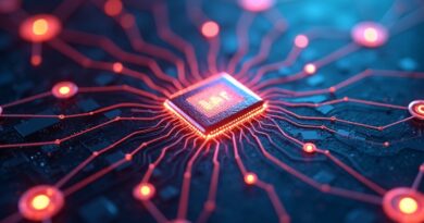 Abstrakcyjna sieć mikroprocesorów tworząca organiczne kształty, symbolizująca połączenie AI i hardware'u. Eteryczne światło, harmonijna kolorystyka.