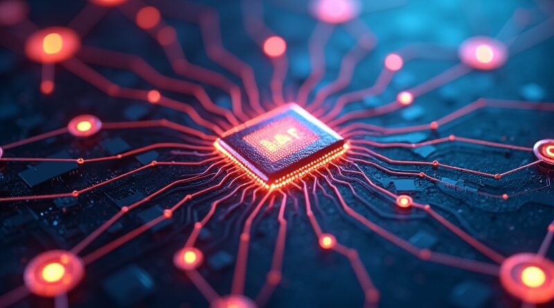 Abstrakcyjna sieć mikroprocesorów tworząca organiczne kształty, symbolizująca połączenie AI i hardware'u. Eteryczne światło, harmonijna kolorystyka.