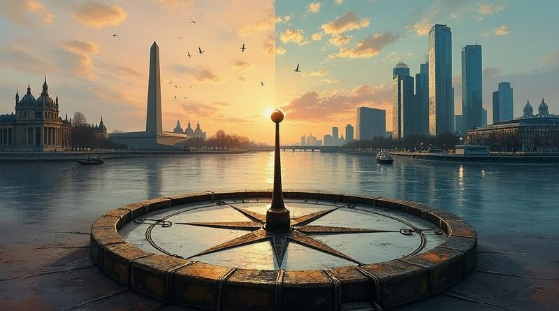 Wahanie kompasu moralnego między militarystycznym Waszyngtonem a etycznym, zielonym Londynem w kontekście AI.