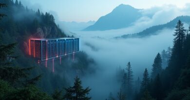 Czarny Las spowity mgłą, futurystyczny serwer, orb AI i kod - wizja Black Forest Labs.