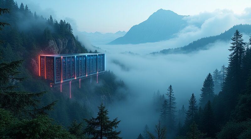 Czarny Las spowity mgłą, futurystyczny serwer, orb AI i kod - wizja Black Forest Labs.