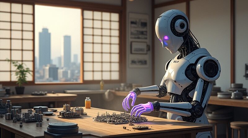 Roboticzne ramię w japońskim warsztacie, montujące elektronikę na tle Tokio. Fizyczna AI, tradycja i przyszłość Japonii.