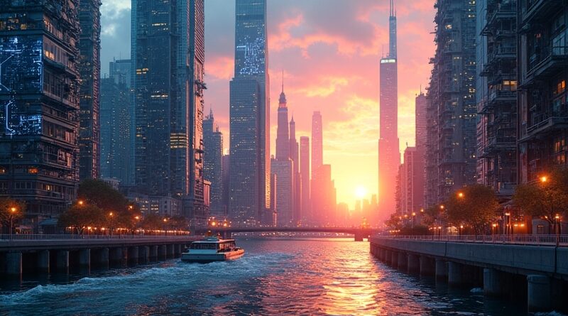 Futurystyczny pejzaż San Francisco: robotyczne ramiona budują z obwodów monumentalne konstrukcje o wschodzie słońca.
