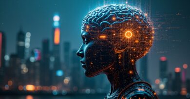 Cybernetyczny mózg GPT-5.4-Cyber, strażnik przyszłościowego miasta, chroniący przed cyfrowymi zagrożeniami.