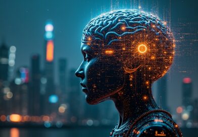 Cybernetyczny mózg GPT-5.4-Cyber, strażnik przyszłościowego miasta, chroniący przed cyfrowymi zagrożeniami.