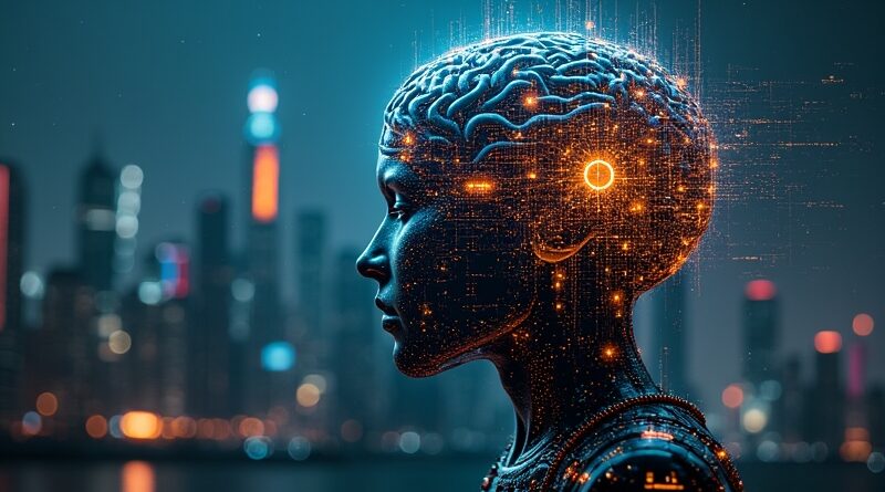 Cybernetyczny mózg GPT-5.4-Cyber, strażnik przyszłościowego miasta, chroniący przed cyfrowymi zagrożeniami.