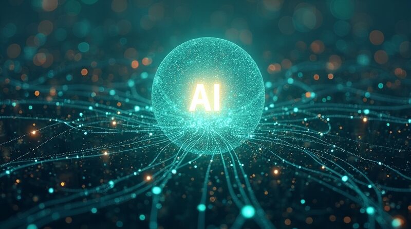 Abstrakcyjna sieć danych zasilająca świecącą kulę AI, oświetlającą miasto. Governance danych kluczem do sukcesu AI.