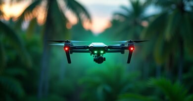 Bioluminescencyjny dron nad plantacją palm olejowych o zmierzchu, symbol autonomicznej inteligencji GEODASH w rolnictwie.