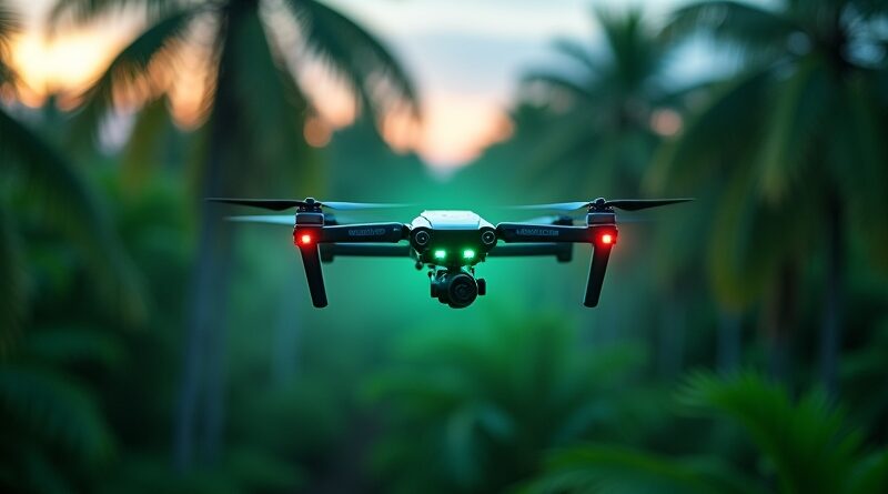 Bioluminescencyjny dron nad plantacją palm olejowych o zmierzchu, symbol autonomicznej inteligencji GEODASH w rolnictwie.