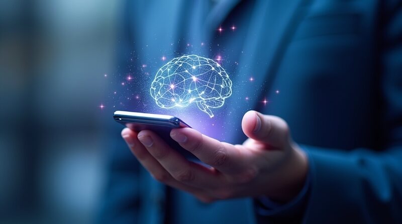 Smartfon w dłoni, sieć neuronowa symbolizuje lokalną sztuczną inteligencję Gemma 4.