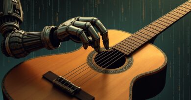 Robotyczna dłoń stroi gitarę na tle kodu, symbolizując naprawianie błędów AI w oprogramowaniu.