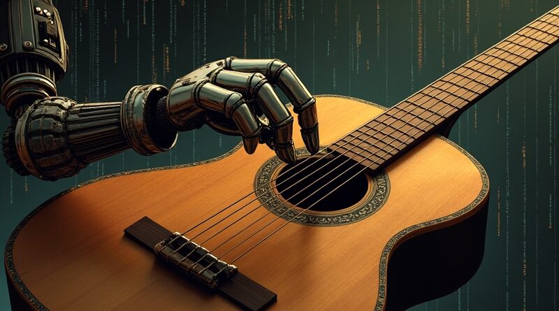 Robotyczna dłoń stroi gitarę na tle kodu, symbolizując naprawianie błędów AI w oprogramowaniu.
