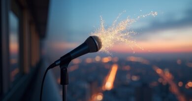 Mikrofon przechodzący w tekst, z subtelnym logo Google. W tle rozmyte miasto o zmierzchu.