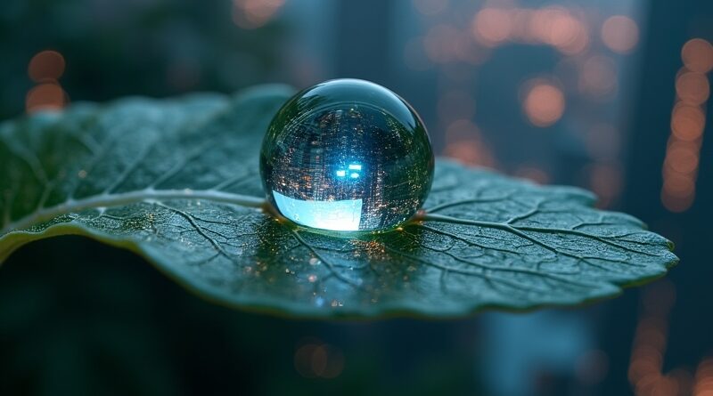 Futurystyczne miasto nocą odbite w kropli na liściu z neonowymi żyłkami. Hologramy mowy.